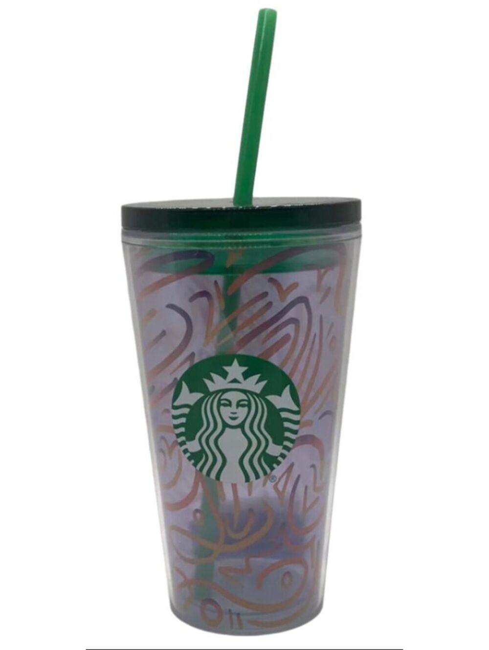 Starbucks Reusable Tumbler with Straw - Clear with Green and Gold Design